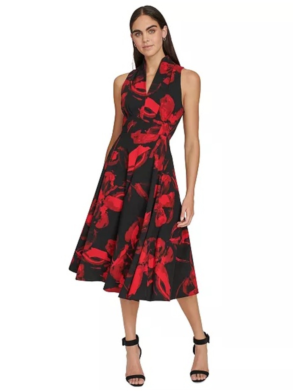 Calvin Klein Sleeveless Black Dress with Red Floral Print NWT - Picture 5 of 8